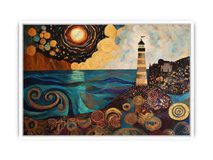 Surreal coastal lighthouse Canvas Print with moon, ocean waves, and harbor village