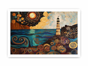 Surreal coastal lighthouse Canvas Print with moon, ocean waves, and harbor village