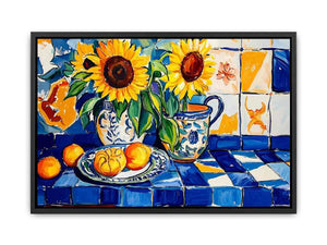 Sunflower and lemon still life Canvas Print with blue tiles