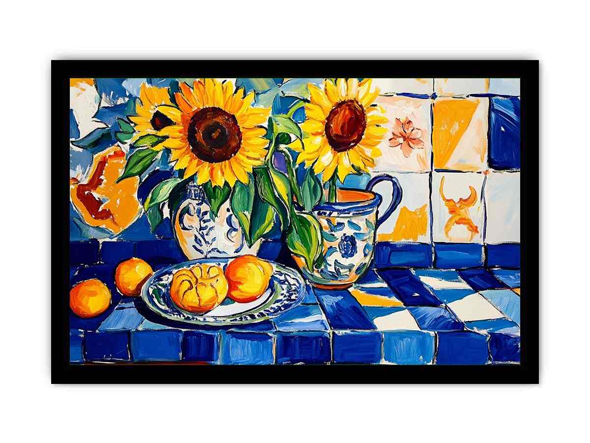 Sunflower and lemon still life Canvas Print with blue tiles