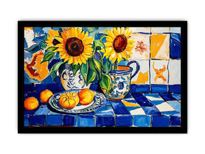 Sunflower and lemon still life Canvas Print with blue tiles