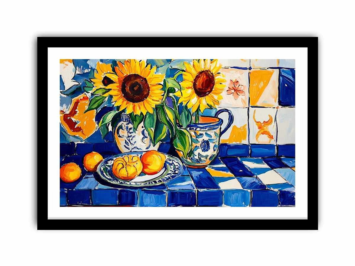 Sunflower and lemon still life Canvas Print with blue tiles