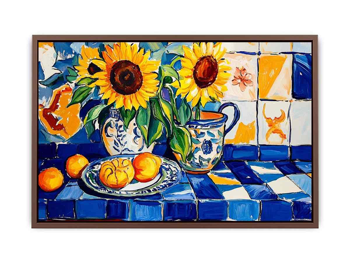 Sunflower and lemon still life Canvas Print with blue tiles