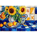 Sunflower and lemon still life Canvas Print with blue tiles