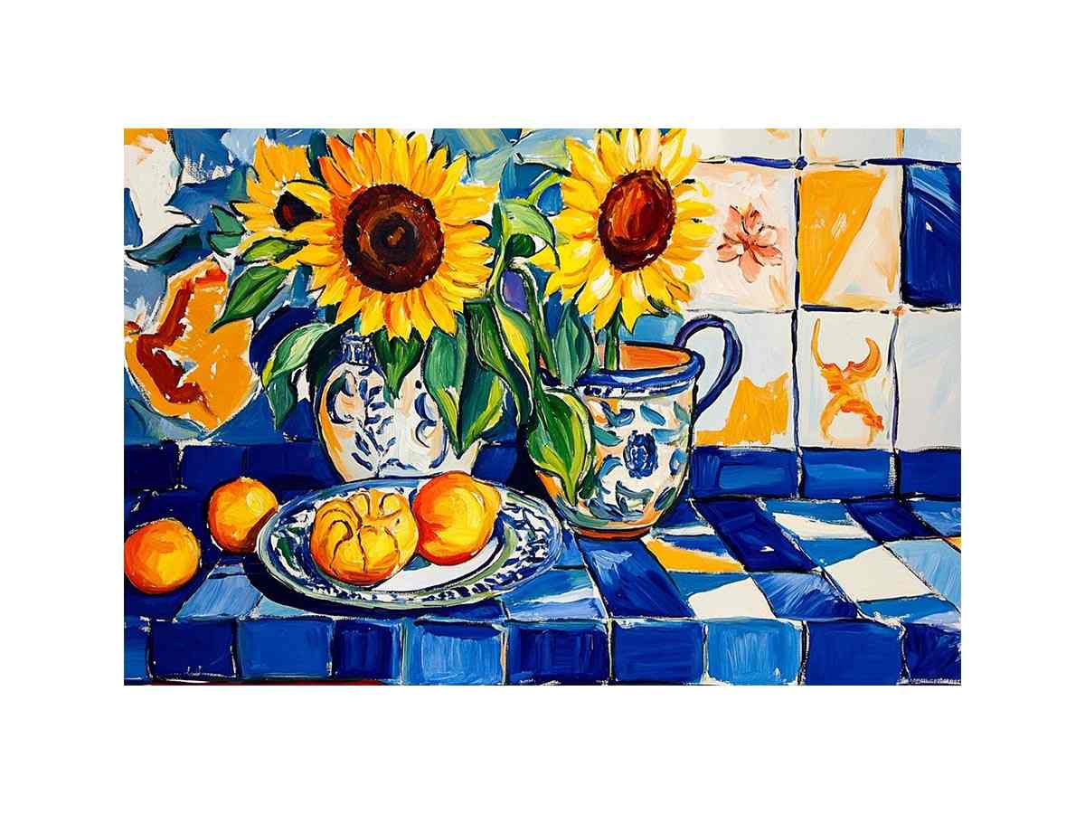 Sunflower and lemon still life Canvas Print with blue tiles