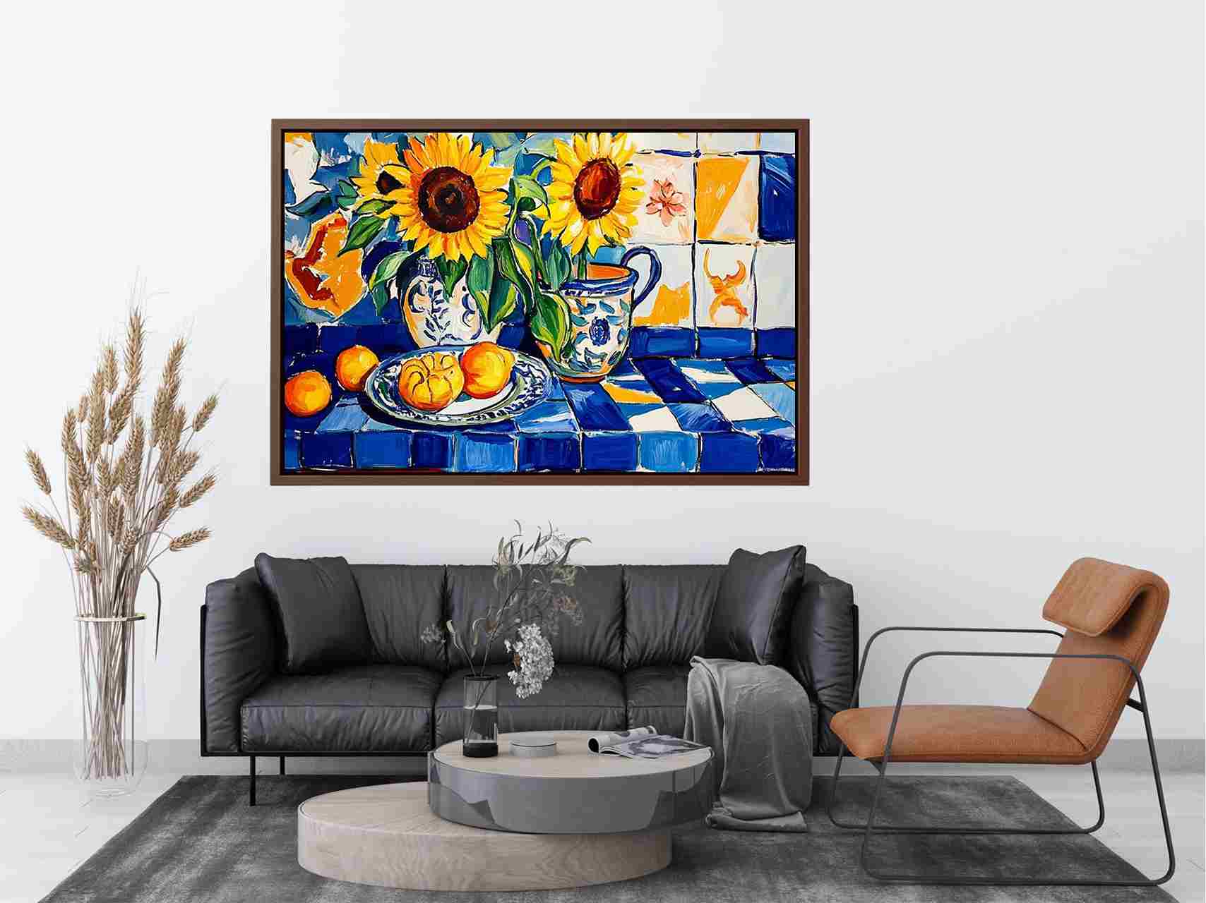 Sunflower and lemon still life Canvas Print with blue tiles
