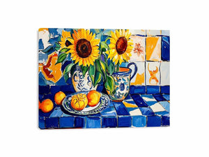 Sunflower and lemon still life Canvas Print with blue tiles