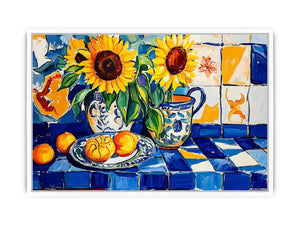 Sunflower and lemon still life Canvas Print with blue tiles
