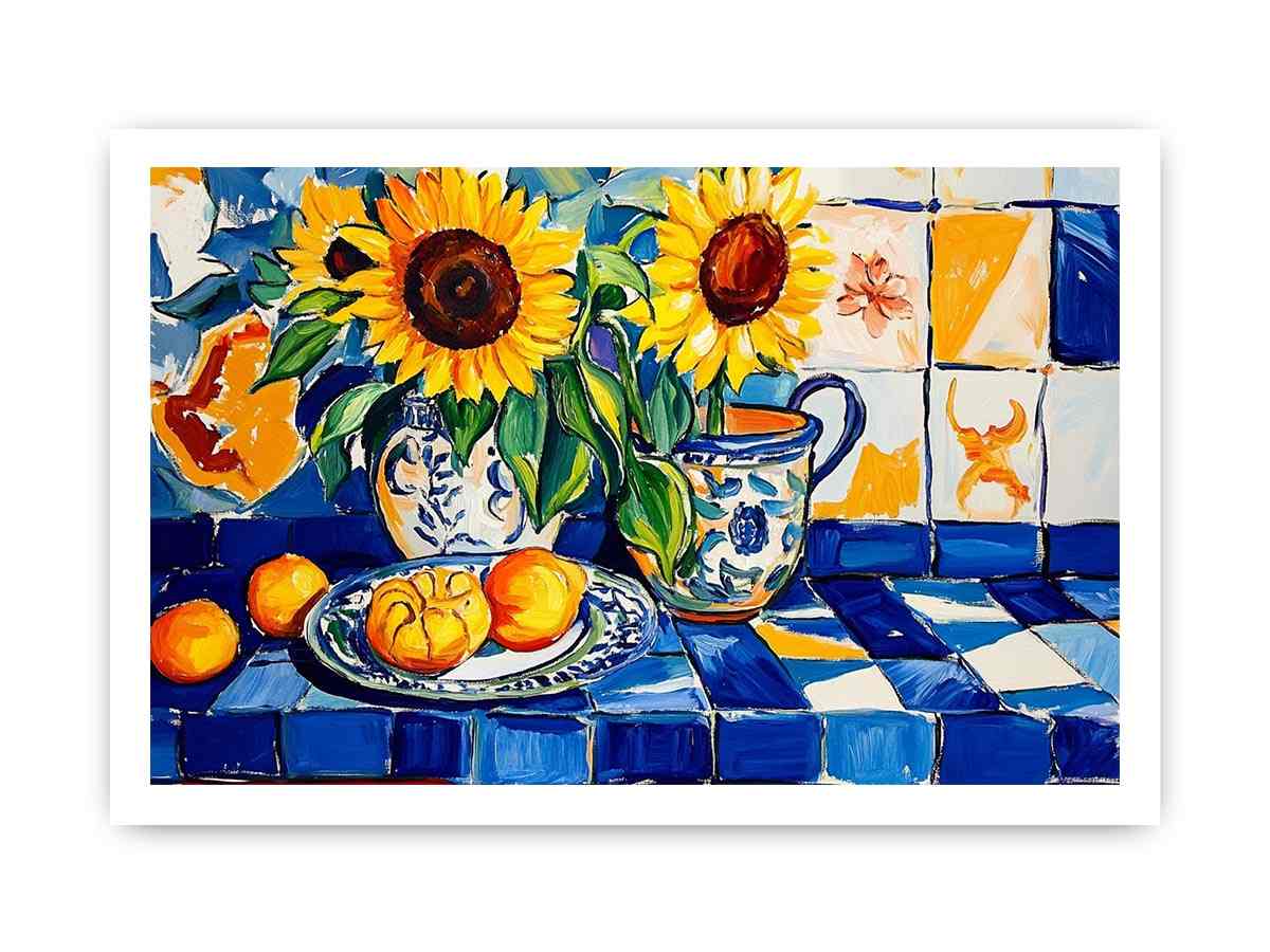 Sunflower and lemon still life Canvas Print with blue tiles