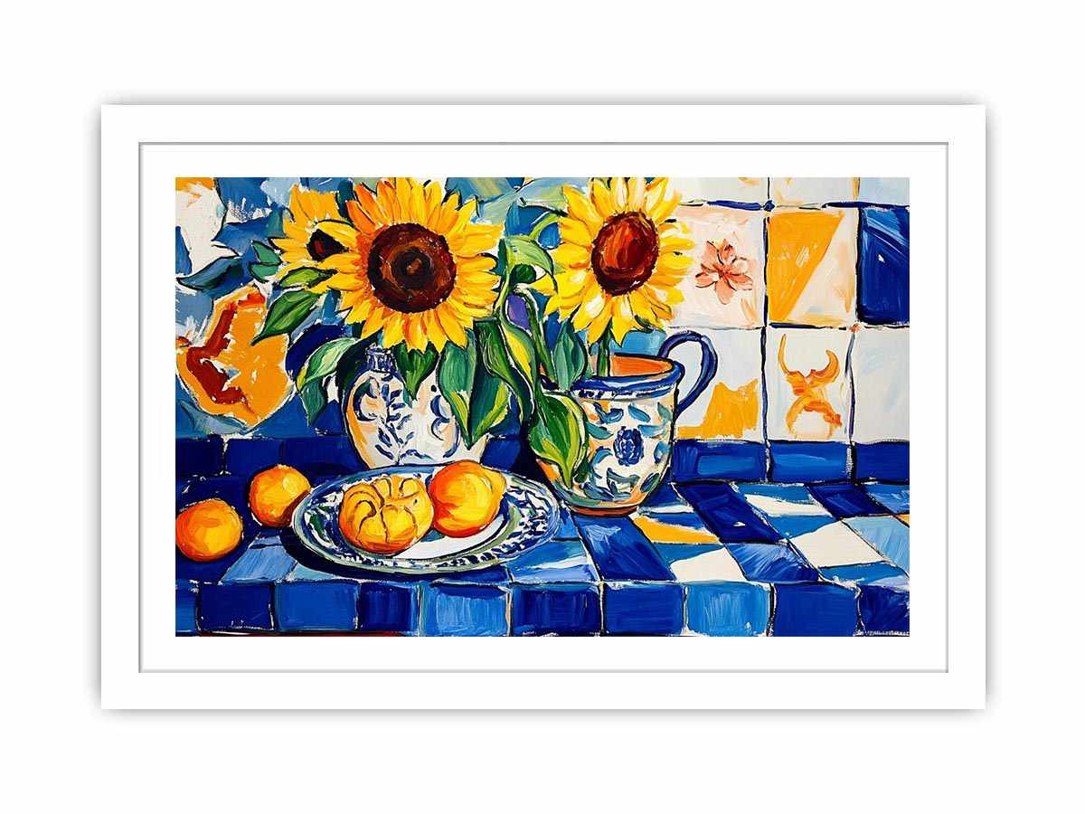 Sunflower and lemon still life Canvas Print with blue tiles