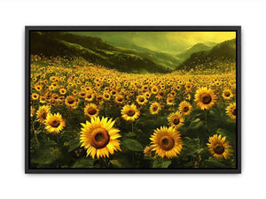 Panoramic sunflower valley landscape canvas art for a calm modern living room.