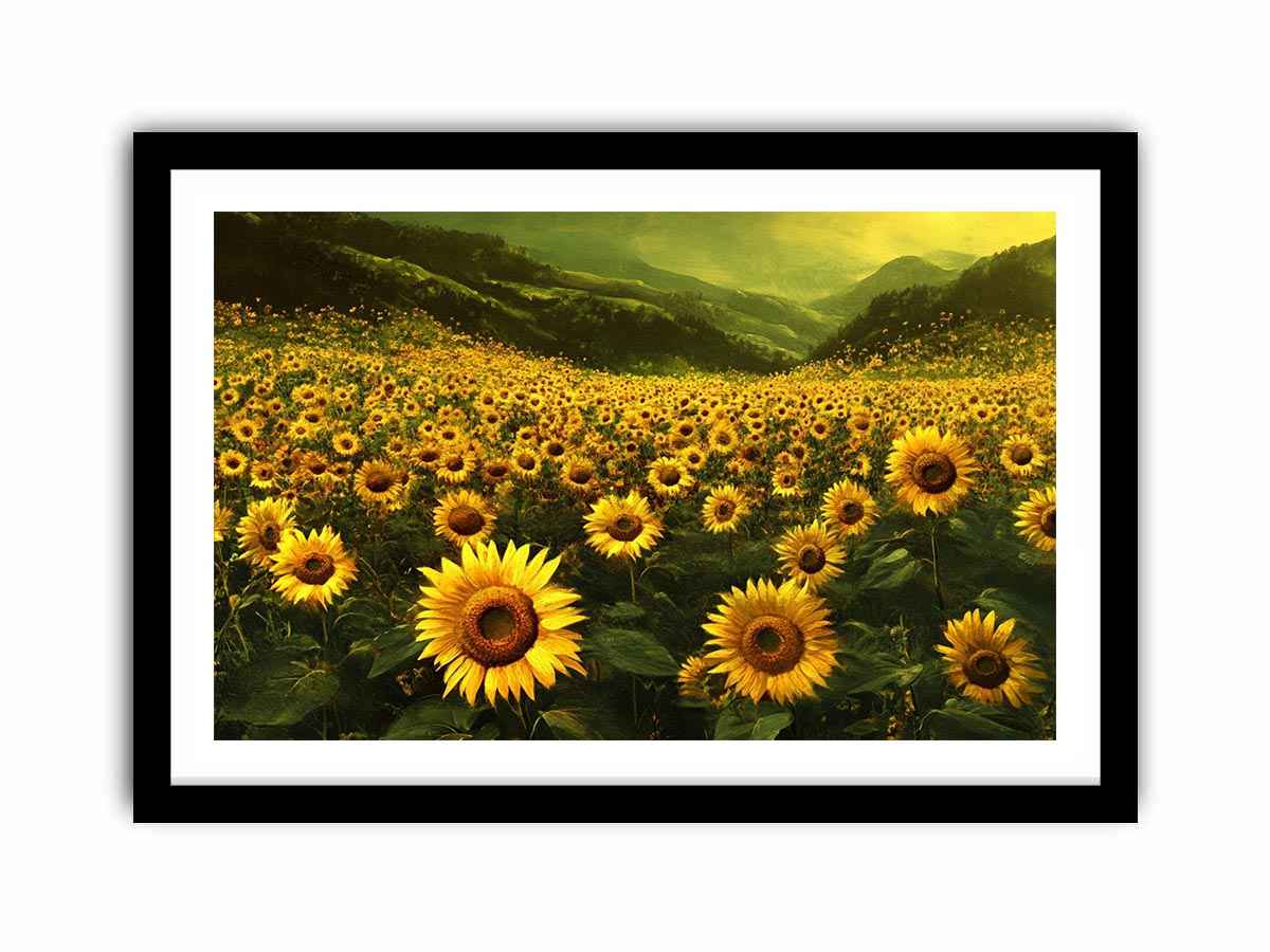 Panoramic sunflower valley landscape canvas art for a calm modern living room.