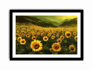 Panoramic sunflower valley landscape canvas art for a calm modern living room.