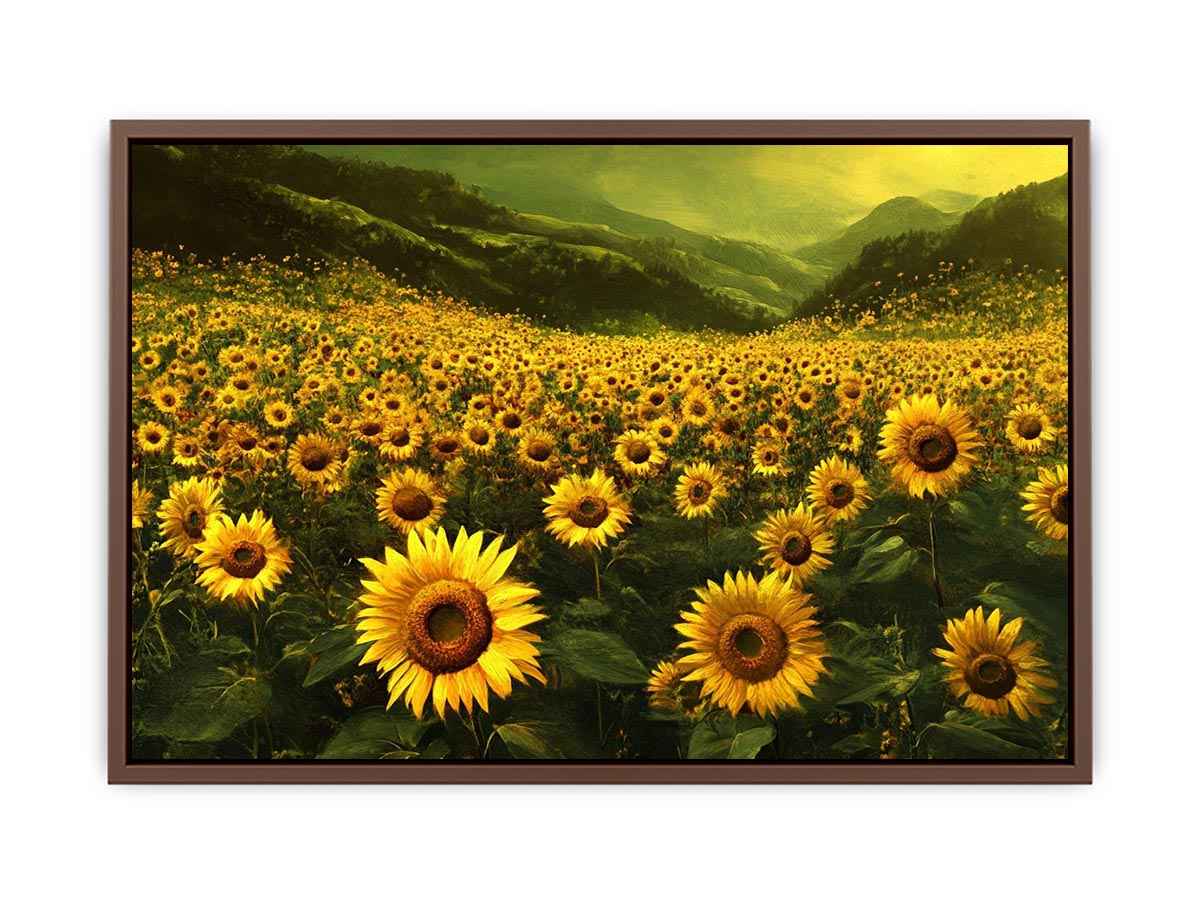 Panoramic sunflower valley landscape canvas art for a calm modern living room.