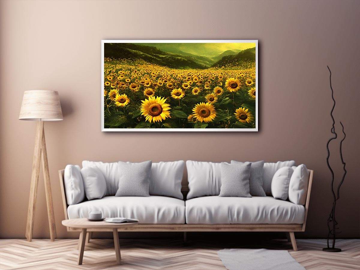 Panoramic sunflower valley landscape canvas art for a calm modern living room.
