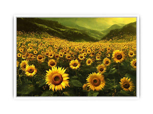 Panoramic sunflower valley landscape canvas art for a calm modern living room.