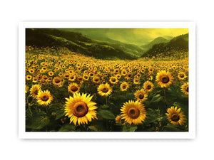 Panoramic sunflower valley landscape canvas art for a calm modern living room.