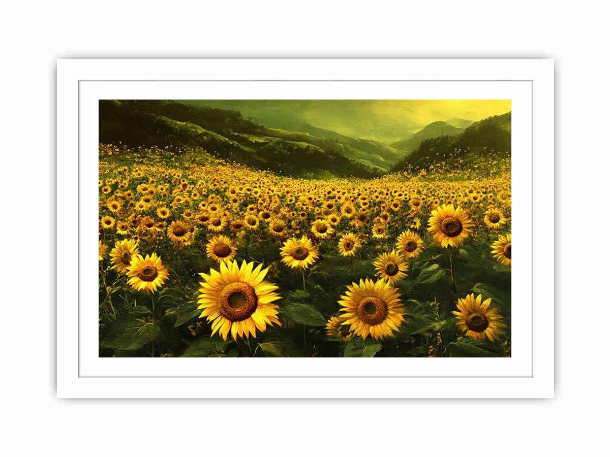 Panoramic sunflower valley landscape canvas art for a calm modern living room.