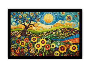 Whimsical sunflower meadow Canvas Print with tree and blue sky