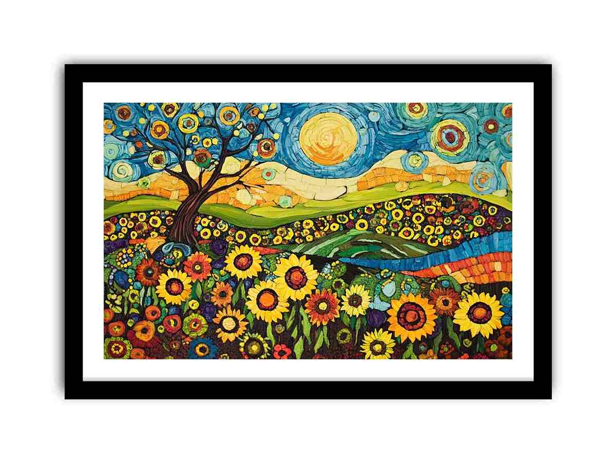 Whimsical sunflower meadow Canvas Print with tree and blue sky