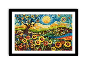 Whimsical sunflower meadow Canvas Print with tree and blue sky