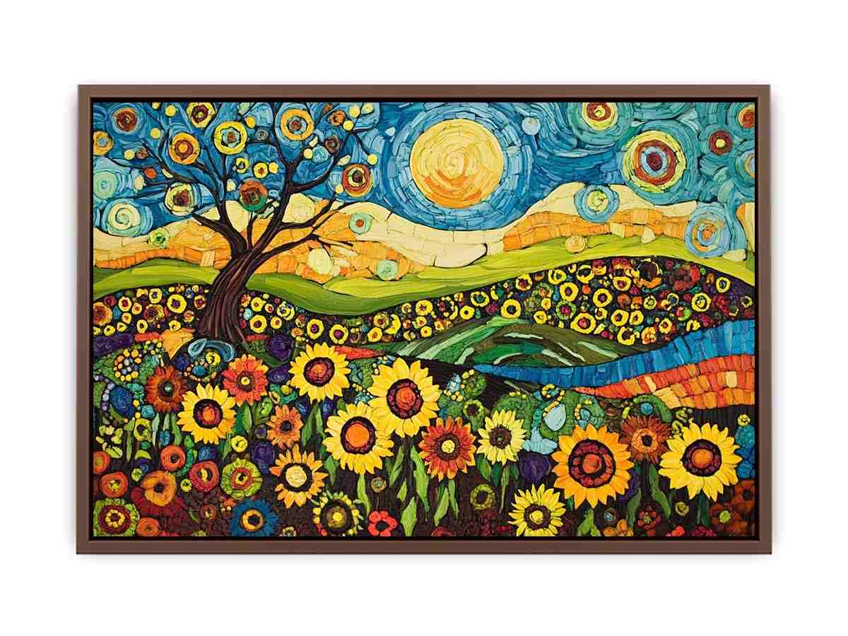 Whimsical sunflower meadow Canvas Print with tree and blue sky