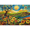 Whimsical sunflower meadow Canvas Print with tree and blue sky