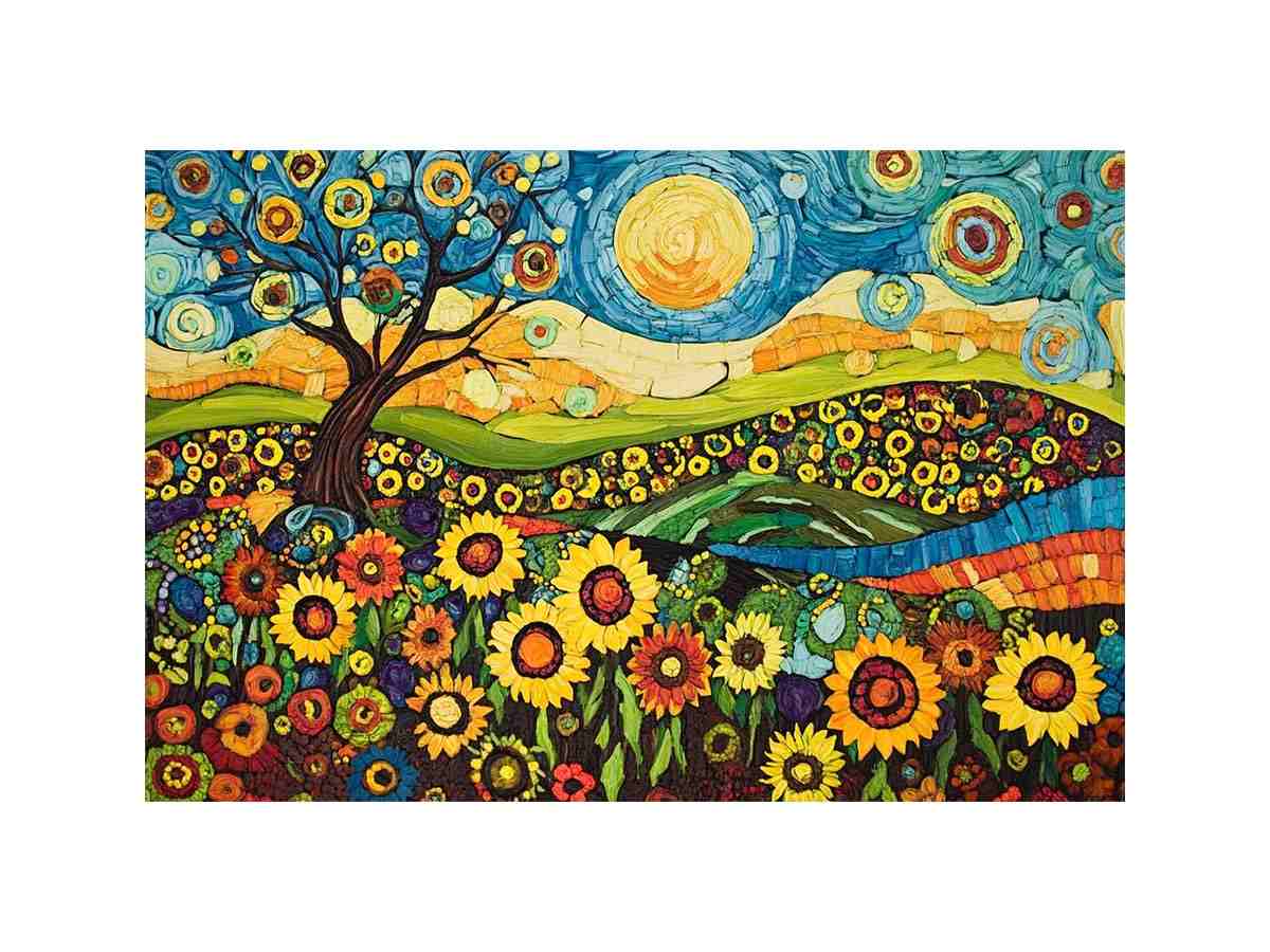 Whimsical sunflower meadow Canvas Print with tree and blue sky