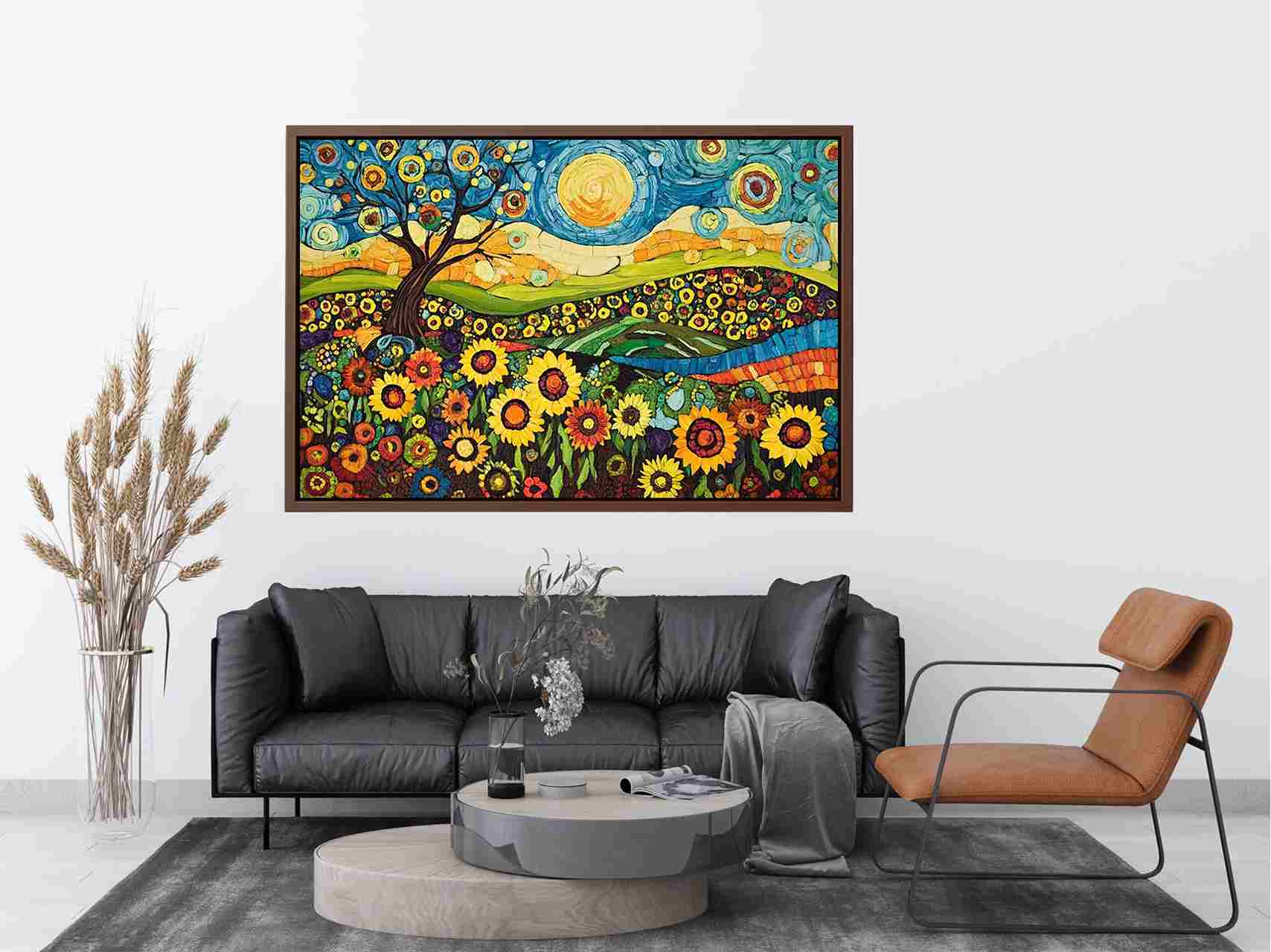 Whimsical sunflower meadow Canvas Print with tree and blue sky