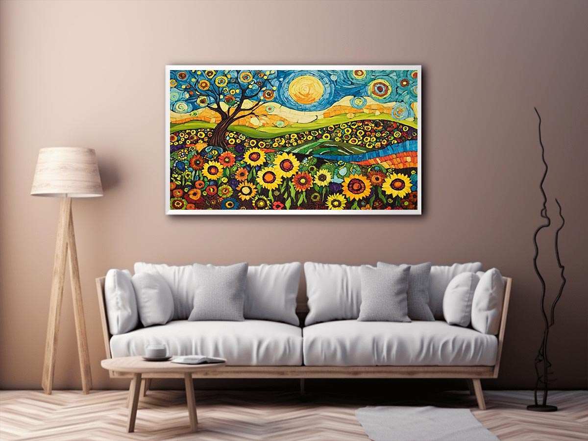 Whimsical sunflower meadow Canvas Print with tree and blue sky