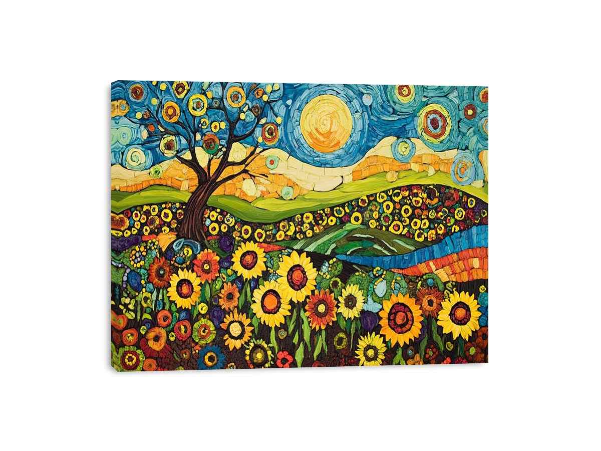 Whimsical sunflower meadow Canvas Print with tree and blue sky