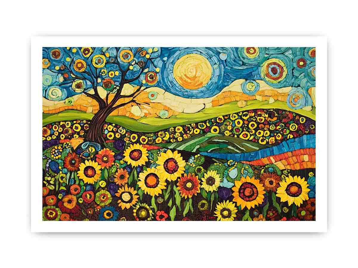 Whimsical sunflower meadow Canvas Print with tree and blue sky