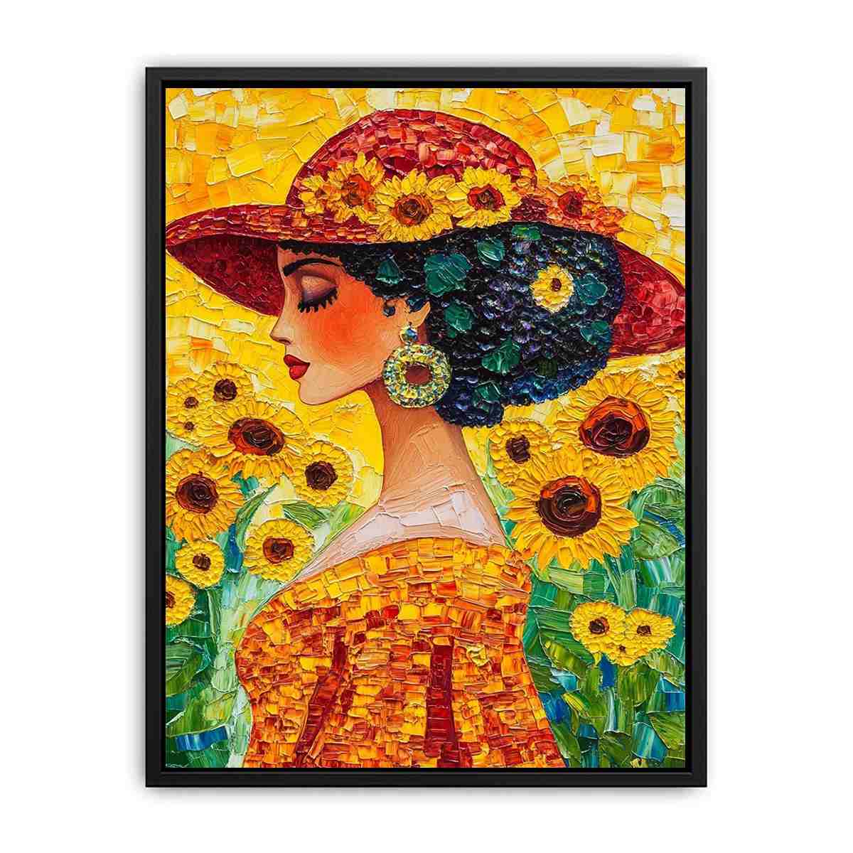 Elegant woman portrait Canvas Print with sunflowers and red hat