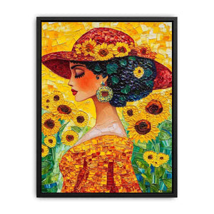Elegant woman portrait Canvas Print with sunflowers and red hat