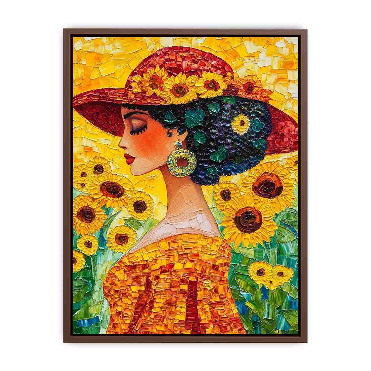 Elegant woman portrait Canvas Print with sunflowers and red hat