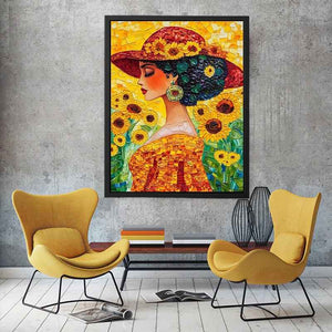 Elegant woman portrait Canvas Print with sunflowers and red hat