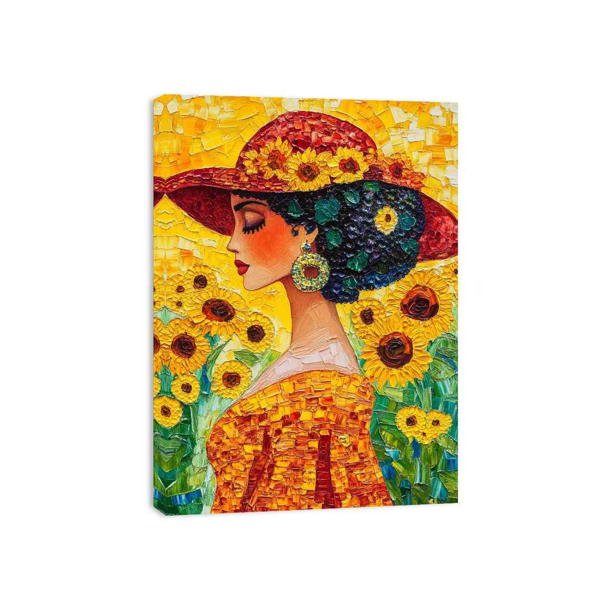 Elegant woman portrait Canvas Print with sunflowers and red hat