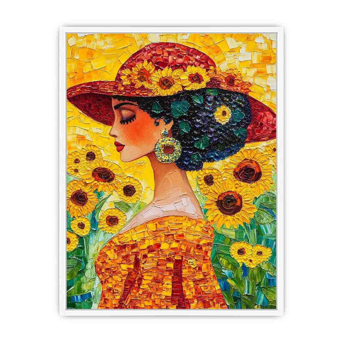 Elegant woman portrait Canvas Print with sunflowers and red hat