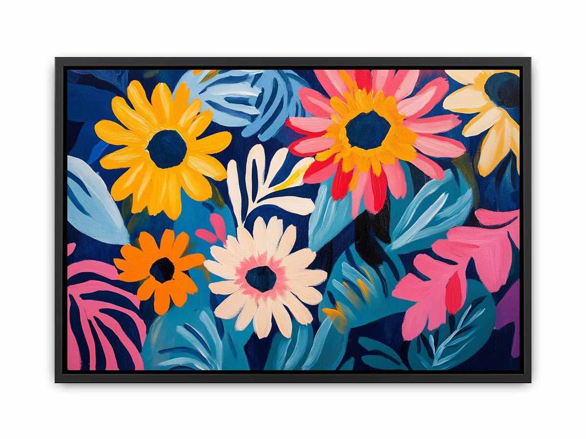 Colourful floral canvas art with daisies and blue leaves for modern living room decor.