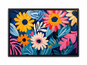 Colourful floral canvas art with daisies and blue leaves for modern living room decor.