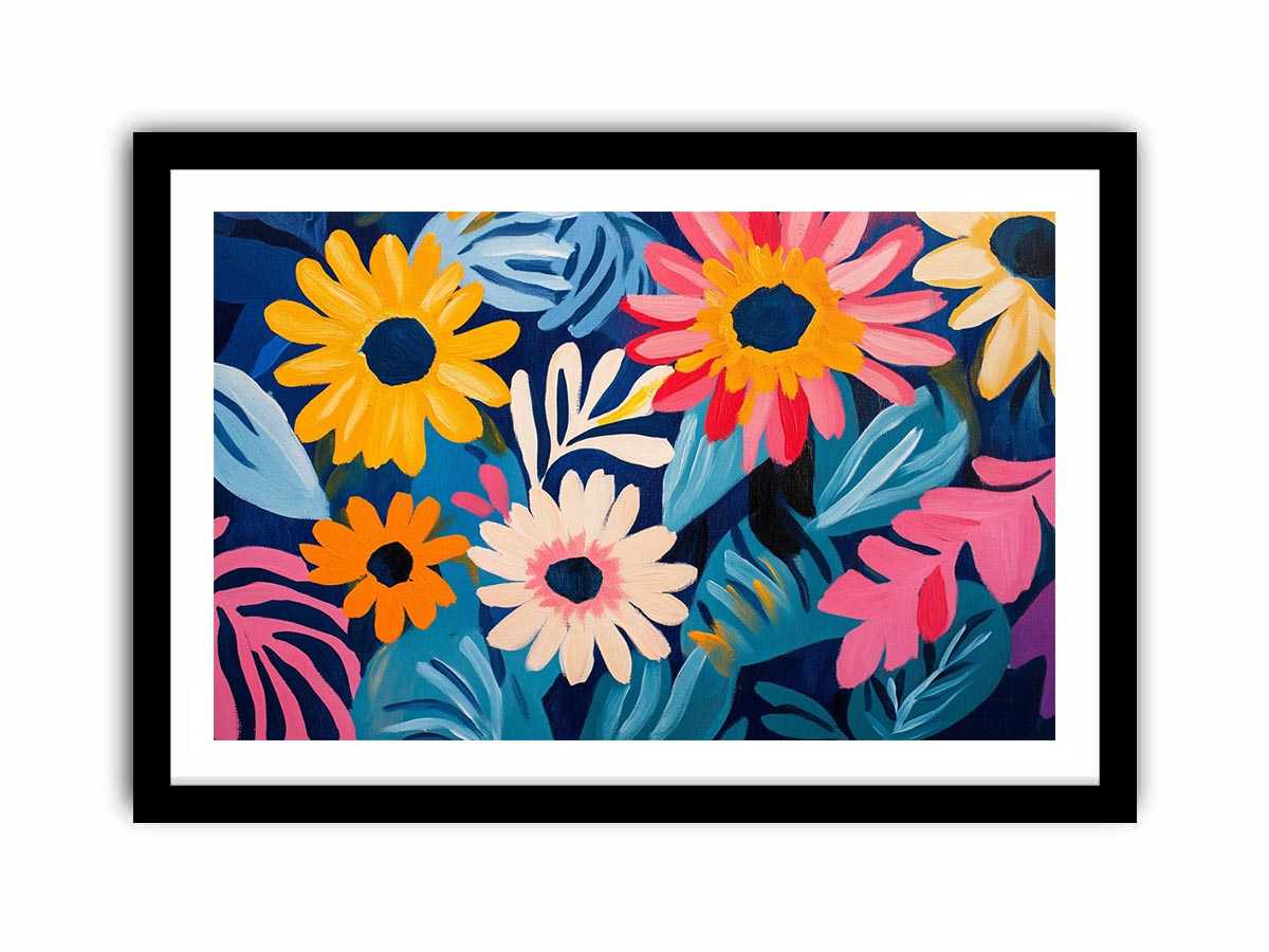 Colourful floral Canvas Print with daisies and blue leaves