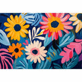 Colourful floral canvas art with daisies and blue leaves for modern living room decor.