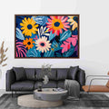 Colourful floral Canvas Print with daisies and blue leaves