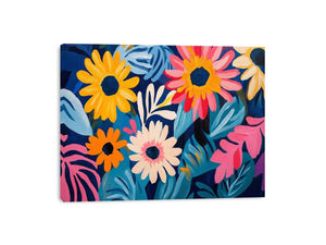 Colourful floral canvas art with daisies and blue leaves for modern living room decor.