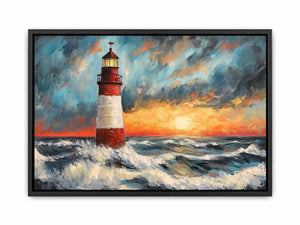 Coastal lighthouse Canvas Print with crashing ocean waves and sunset sky