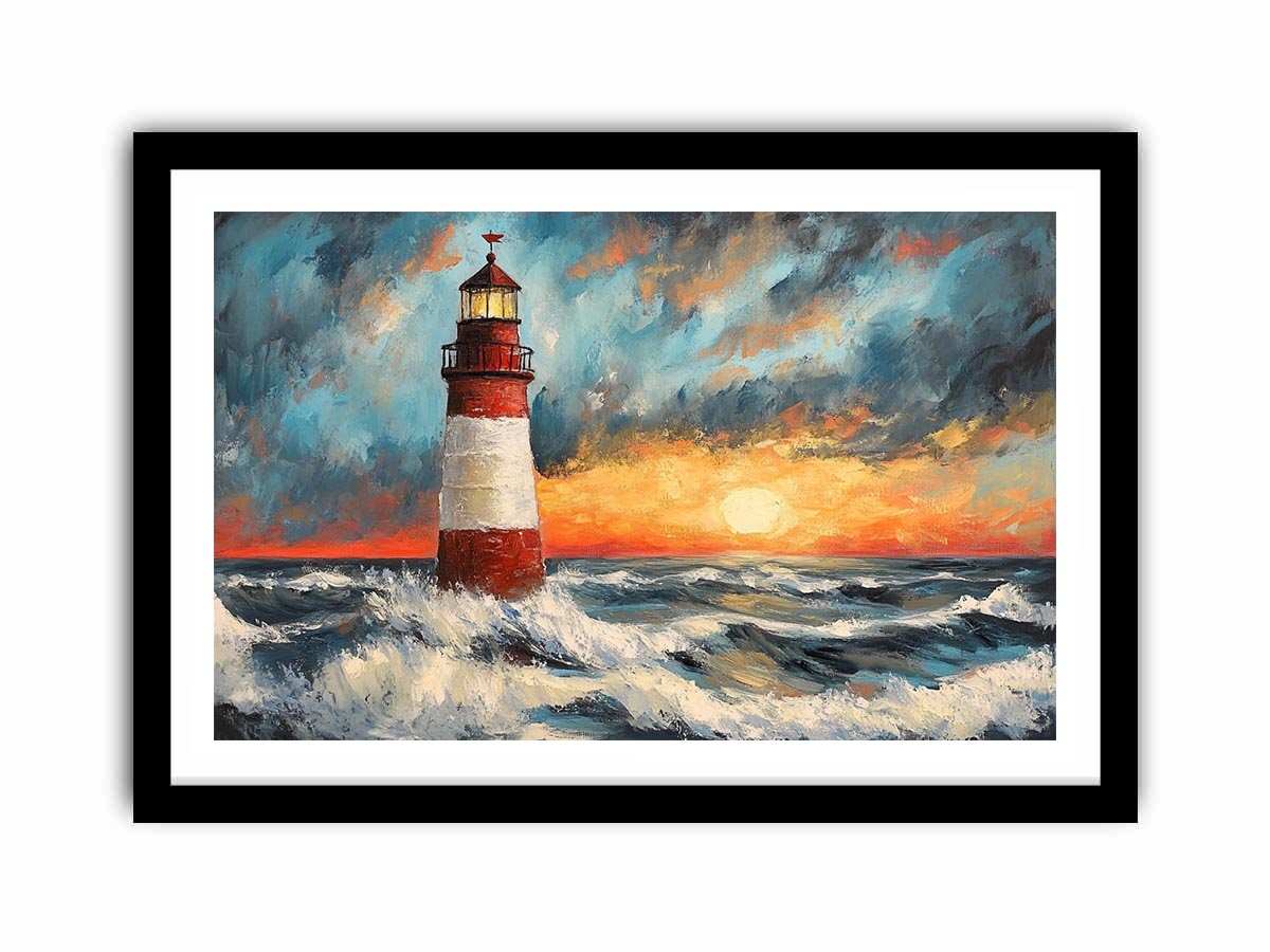 Coastal lighthouse Canvas Print with crashing ocean waves and sunset sky