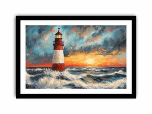 Coastal lighthouse Canvas Print with crashing ocean waves and sunset sky
