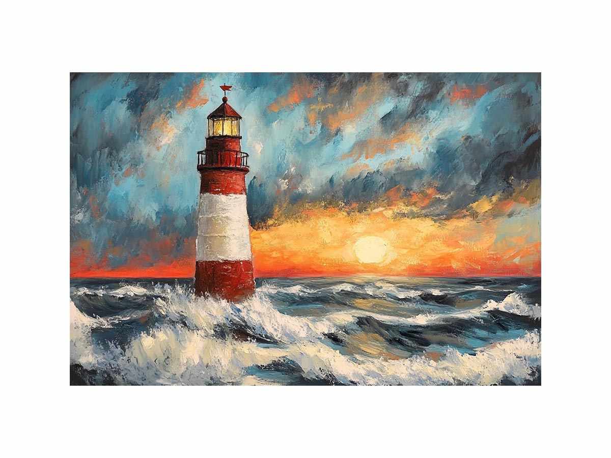 Coastal lighthouse canvas art with crashing ocean waves and sunset sky for modern living room decor.