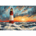 Coastal lighthouse Canvas Print with crashing ocean waves and sunset sky