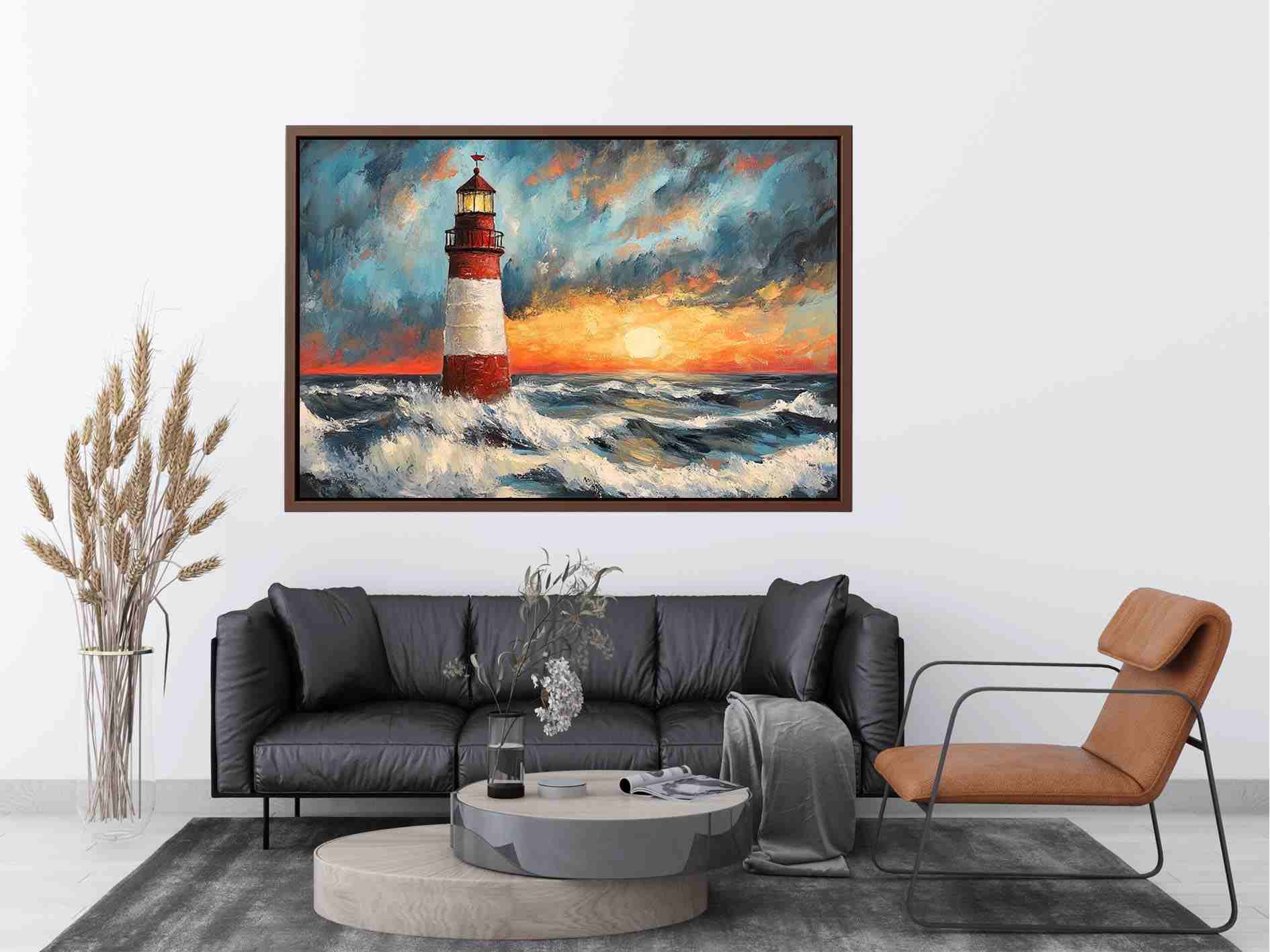 Coastal lighthouse Canvas Print with crashing ocean waves and sunset sky